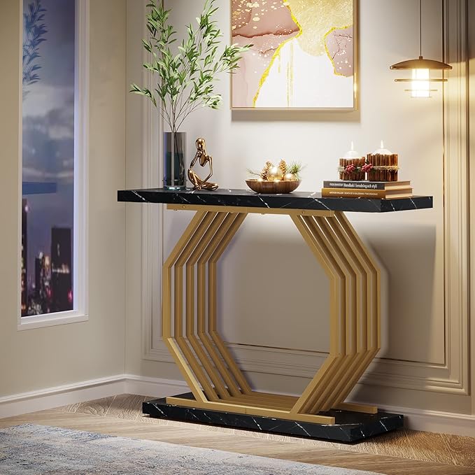 Tribesigns Gold Console Table, Faux Marble Entryway Table Narrow Sofa Table with Geometric Metal Base, 40 Inch Modern Accent Table Entrance Table for Living Room, Hallway, Foyer, Black