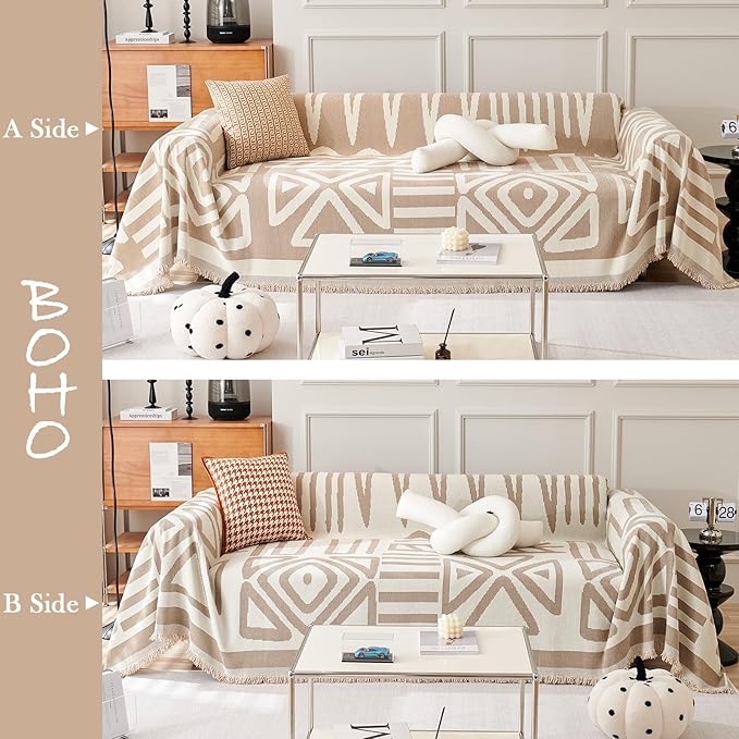 HANDONTIME Sofa Covers Armchair Boho Couch Cover for Dogs Khaki Throw Couch Cover with Tassel Chair Recliner Futon Cover Washable 1 Cushion Couch Non Slip Chenille Couch Protector, 71" X71"