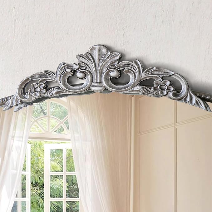 Micasso Antique Silver Wall Mirror, 40"x30" Metral Framed Arch Baroque Ornate Mantel Mirror for Bathroom, Entryway, Living Room