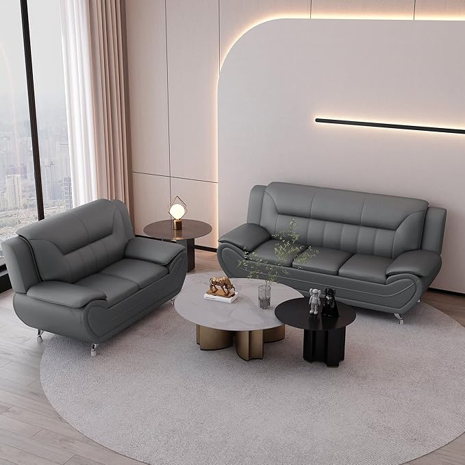 Container Furniture Direct Michael Modern Faux Leather Upholstered Stainless Steel Legs Living Room Sofa, Gray