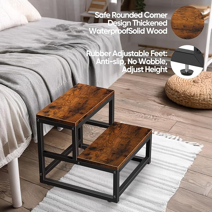 Wood and Metal 2 Step Stool for Adults & Kids – Heavy Duty Rustic Step Stools, 500 Lbs Capacity Non-Slip Stepping Stool for High Beds, Kitchen, Bathroom, Closet, Durable Foot Stool for Home Use