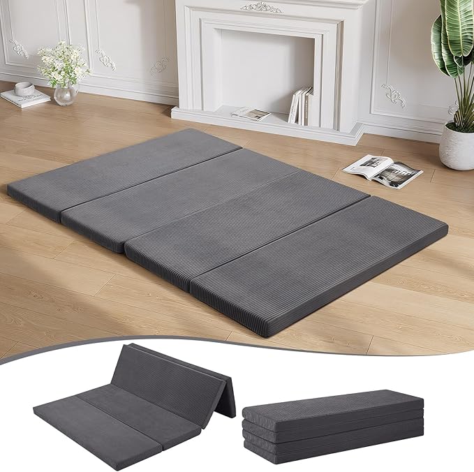 MeMoreCool Folding Foam Futon Mattress Queen, Foldable Japanese Floor Mattress, Sleeping Mat Pad for Adults Guests Sleepovers, 3 in Thick Tatami Mat Portable Shikibuton, Dark Grey