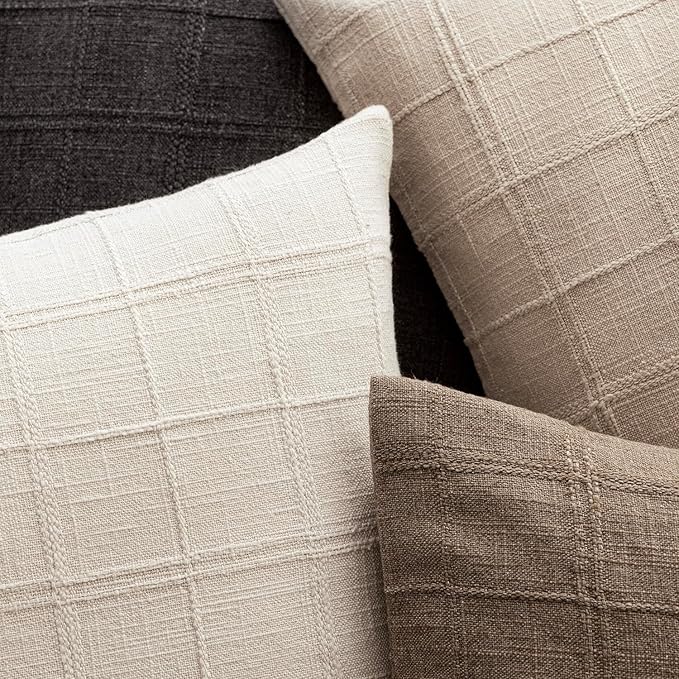 Foindtower Set of 2 Decorative Linen Check Throw Pillow Covers Neutral Farmhouse Vintage Cushion Covers Modern Boho Home Decor For Sofa Chair Couch Bedroom Living Room Outdoor,16×16 Inch,Natural Beige