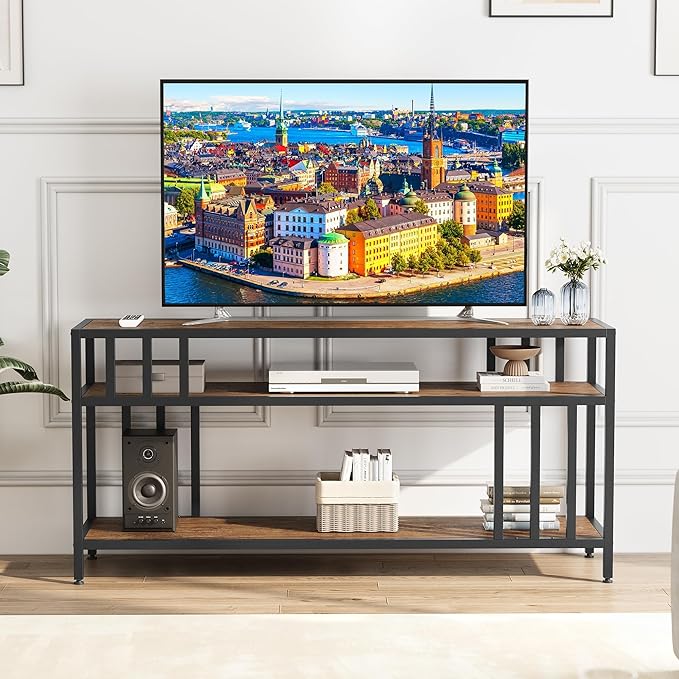 Garvee 58" TV Stand for Television up to 65 Inch, Entertainment Center with 3-Tier Open Shelves, TV Media Console Table Quadruple-Tube Support for Living Room, Entryway, Rustic Brown