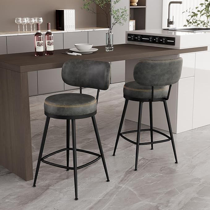 Counter Height Bar Stools, 26" H Swivel Barstools Set of 6, Faux Leather Kitchen Counter Stools with Back and Stylish Stitching, Metal Frame, Pub, Home Bar, Black Grey