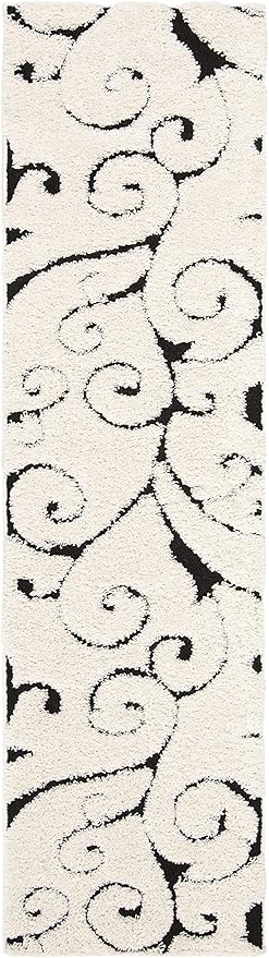 SAFAVIEH Florida Shag Collection Runner Rug - 2'3" x 8', Ivory & Black, Scroll Design, Non-Shedding & Easy Care, 1.2-inch Thick Ideal for High Traffic Areas in Living Room, Bedroom (SG455-1290)