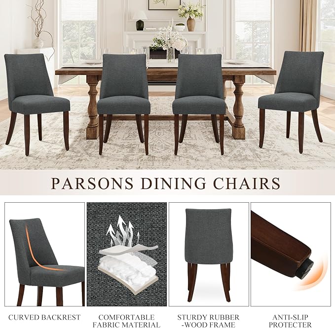 COLAMY Upholstered Dining Chairs Set of 6, Mid Century Modern Kitchen Chairs with Back, Farmhouse Fabric Side Dining Room Chairs with Wood Legs for Dining Room Restaurant, Dark Grey