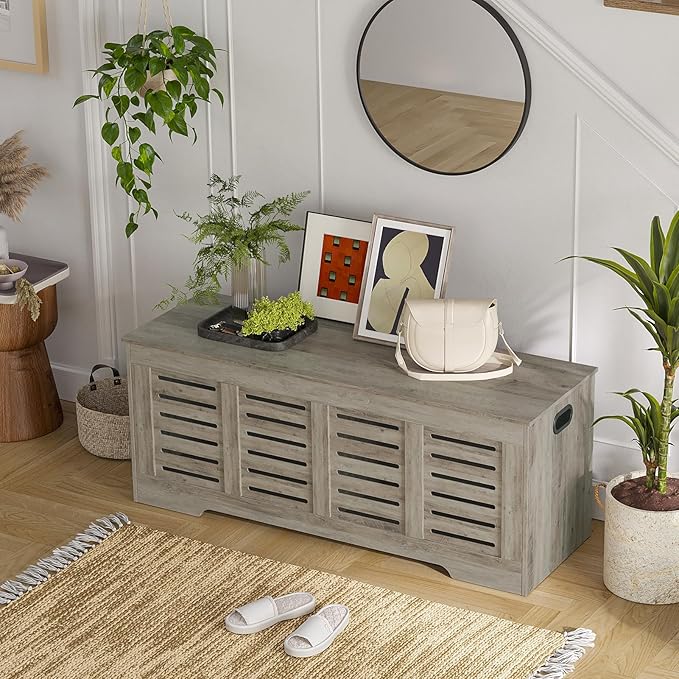 DINZI LVJ Storage Chest, 47.3” Wooden Toy Box with 2 Safety Hinges, Retro Entryway Shoe Storage Bench with Flip-Top, Sturdy Large Storage Trunk for Living Room, Bedroom, Easy Assembly, Gray Wash