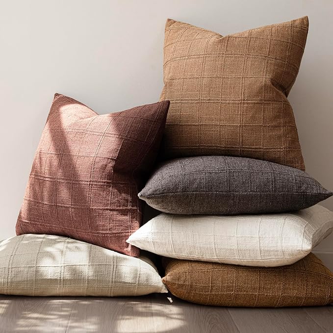 Foindtower Set of 2 Decorative Linen Check Throw Pillow Covers Neutral Farmhouse Vintage Cushion Covers Modern Boho Home Decor for Sofa Chair Couch Bedroom Living Room Outdoor,16×16 Inch,Autumnal Red