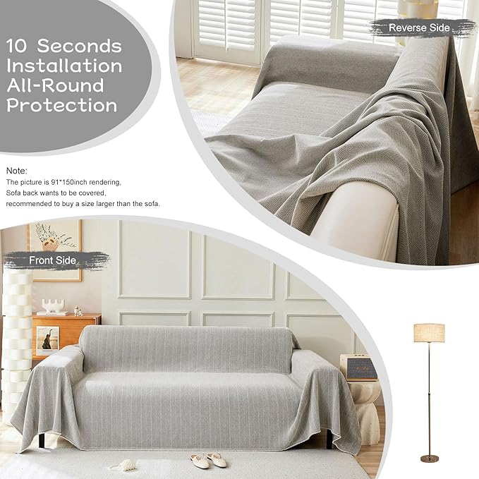 STACYPIK Soft Silver Gray Sofa Cover, Herringbone Couch Cover for Sectional, Pet Friendly Couch Protector for 3 Cushion Couch, Washable Chenille Sofa Covers for L-Shaped, Multi-Use Blankets-91X118IN