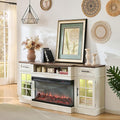 ROCKPOINT 3 Sided Glass 70" Fireplace TV Stand for TVs up to 80", Entertainment Center with Drawers and Glass Door Storage Cabinet for Living Room,36" Electric Fireplace & Adjustable LED Light,White