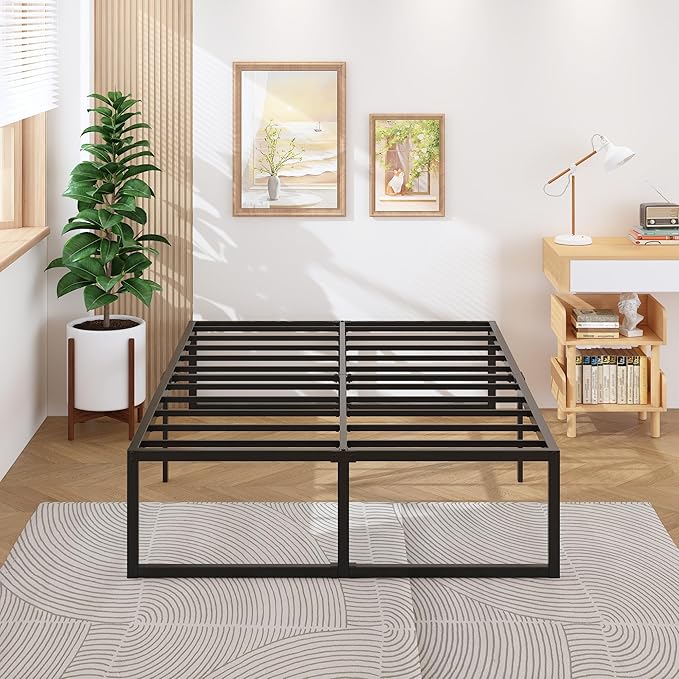 18 Inch Full Size Bed Frame with Storage Bed Cover Skirt, Heavy Duty Metal Full Platform Bed Frame No Box Spring Needed, Easy Assembly, Noise Free, Black and Blue