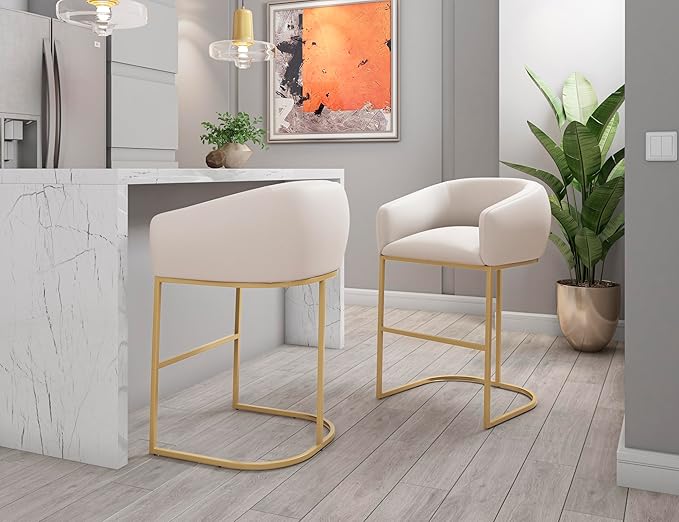 Manhattan Comfort Louvre 26 Inch Mid Century Modern Counter Height Bar Stools - Elegant Faux Leather Padded Seat, Stainless Steel Base with Footrest, Fully Assembled Barstools, Set of 2, Cream