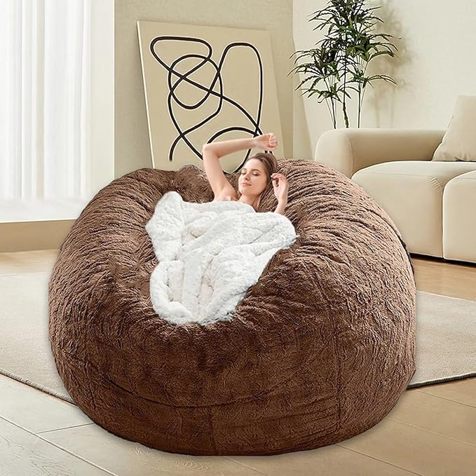 Bean Bag Chair Cover for Kids Adults Without Filling Comfy Giant Round Lazy Sofa Covers for Bedroom Living Room, 7FT, Brown