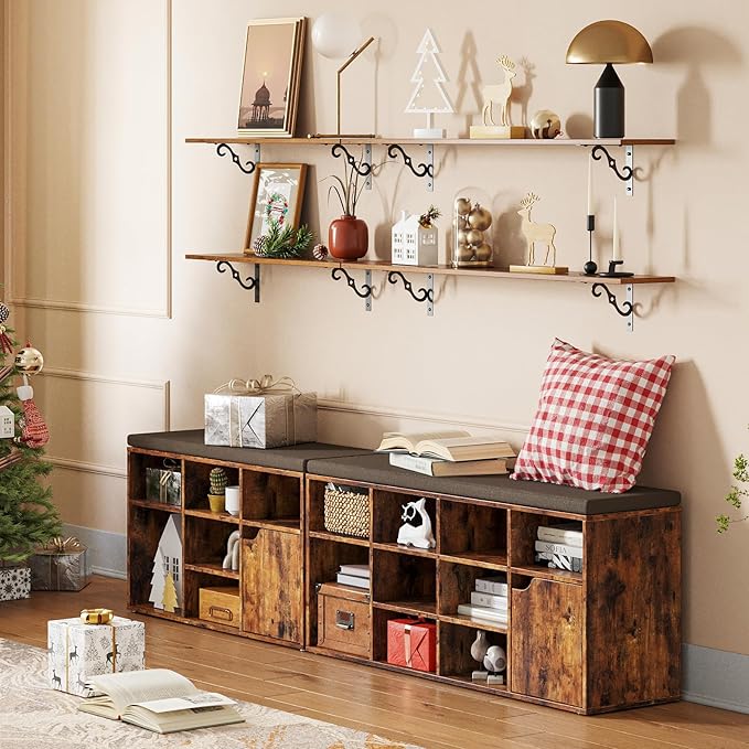 DINZI LVJ Long Wall Shelves, 31.5 Inch Large Floating Shelves Set of 4, Wide Display Shelf Wall Mounted with Brackets, Easy Hanging for Living Room, Toilet, Office, Bedroom, Rustic Brown
