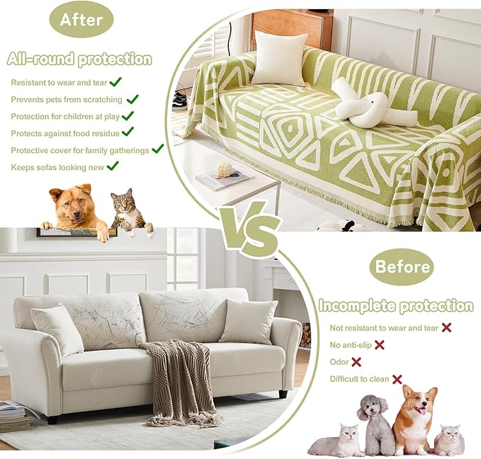 HANDONTIME Green Sofa Covers Chenille Couch Covers Universal Sofa Cover Boho Cover for Sofa 3 Seats Dogs Couch Furniture Protector Couch Cushion Covers Sectional Couch Covers for L Shaped, 91" X134"