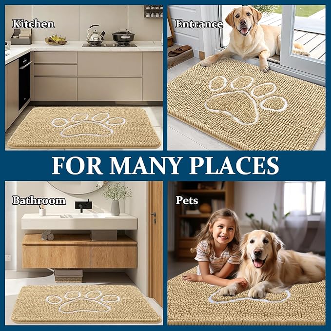 OLANLY Door Mat for Muddy Dog Paws 36x24, Ultra Absorbent Chenille Mud Doormat with Paw Print Design, Non-Slip Washable Doormat for Indoor Entryway, Quick-Dry Pet Bed Mats for Dirty Dogs, Beige