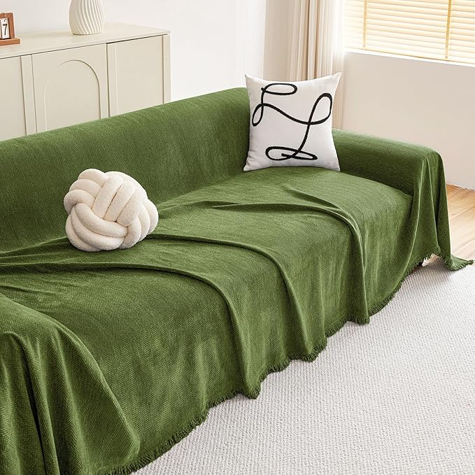 hyha Couch Cover for Dogs, Boho Sofa Covers for 3 Cushion Couch Washable, Chenille Sofa Slipcover for Pets, Soft Loveseat Sectional Couch Throw Blankets with Tassels (Green, 88.5x150 Inch)