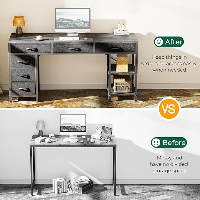 Huuger Computer Desk with 6 Drawers, 47 Inch Office Desk with Shelves, Reversible Gaming Desk, Corner Desk with Storage, Work for Home Office, Study, Living Room, Gray