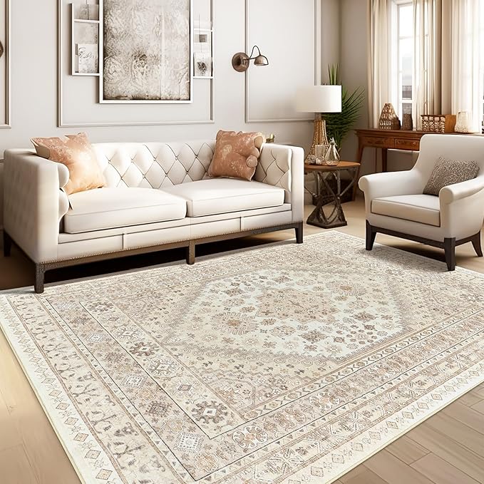 zesthome 3x5 Rug Ultra Soft Washable Rug, Non Slip Area Rug Indoor Entrance, Stain Resistant Rugs for Living Room Bedroom, Vintage Home Decor Area Rugs (Cream/Beige,3'x5')