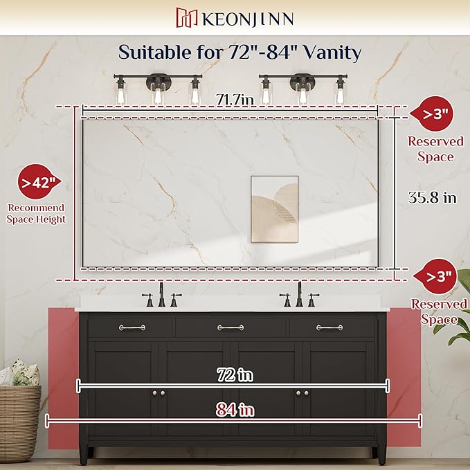Keonjinn 72 x 36 in Brushed Nickel Mirror for Bathroom Sink, Rectangular Metal Framed Vanity Wall Mirror Square Corner Aluminum Alloy Modern Rectangle Silver Mirror for Over Sink(Horizontal/Vertical)