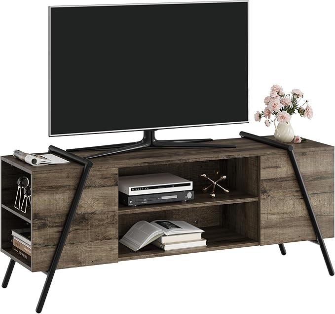 Garvee 55 Inch TV Stand with Slanted Metal Legs, Industrial Media Console with Adjustable Open Shelves, Wooden Entertainment Center Television Stand for Living Room, Bedroom, Oak
