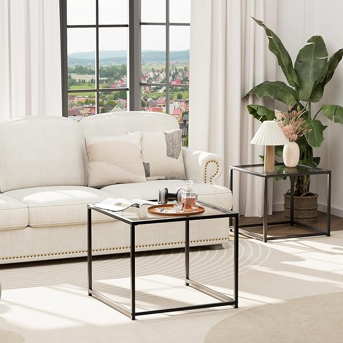 Garden 4 you Coffee Table Set of 2, Modern Glass Nesting Table, Metal Frame Square Center Table Set, Side Tables, Nesting Coffee Table for Living Room, Bedroom and Small Spaces, 23.6in Black
