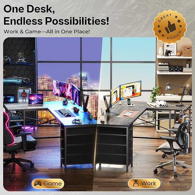 Huuger 63 Inch L Shaped Desk with Fabric Drawers, Reversible Computer Gaming Desk with Power Outlets and USB-C Port, Adjustable Side Storage Shelves, for Work Study Corner Home Office, Grey