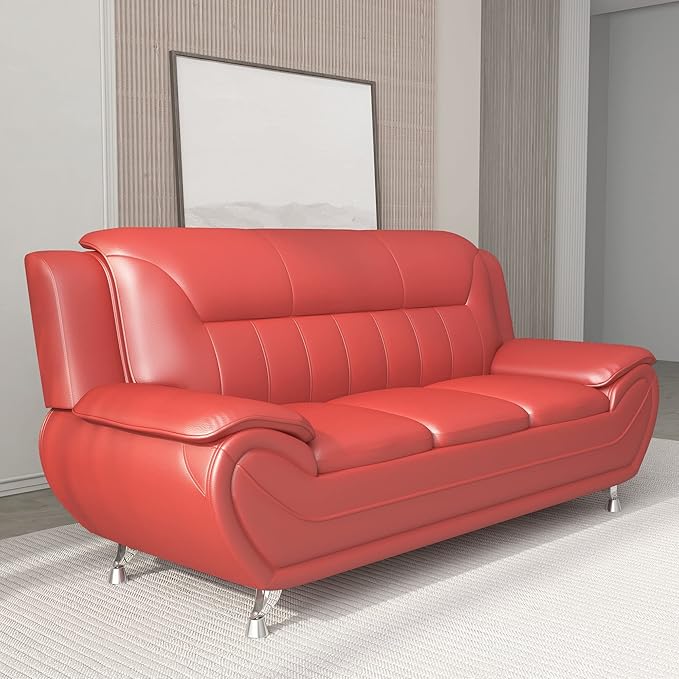 Container Furniture Direct Michael Modern Faux Leather Upholstered Stainless Steel Legs Living Room Sofa, Persian Red