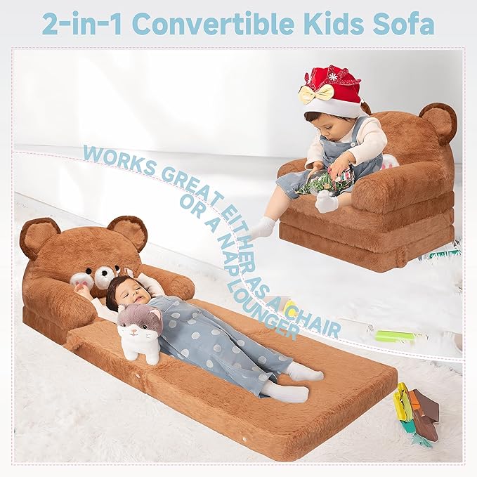 MONKISS Kids Couch, Comfy Toddler Chair, 2 in 1 Fold Out Kids Sofa to Lounger, Baby Sleeper Chair, Toddler Furniture, Birthday Gifts for Boys and Girls, 1~4 Years Old, Bear