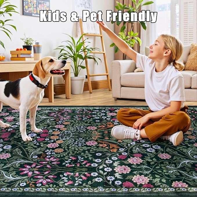 Area Rug Living Room Rugs: Floral 5x7 Washable Rug Vintage Soft Boho Non-Slip Carpet Indoor Floor Stain Resistant Large Carpets for Bedroom Dining Room Farmhouse Nursery Hallway Home Office Dark Green