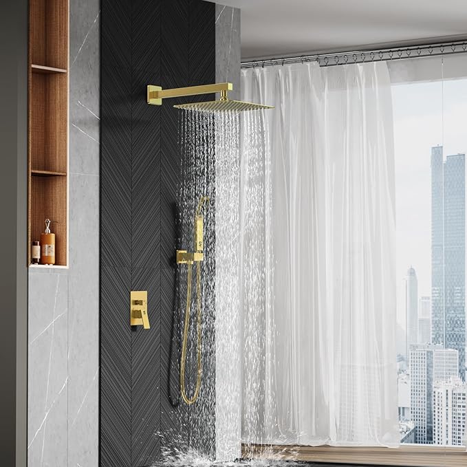 SR SUN RISE Shower Faucets Sets Complete Brushed Gold Square Rain Shower Head with Handheld Spray All Metal Shower Faucet Trim Repair Kits (Contain Shower Valve)