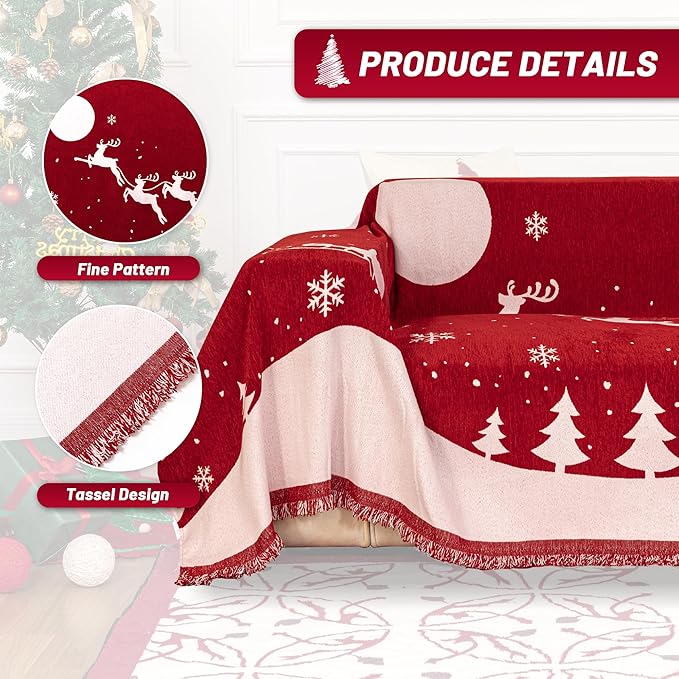 MYSKY HOME Christmas Chenille Sofa Slipcover Couch Covers for Sectional l Shaped Couch Pets Protector Furniture Covers Futon Cover Super Soft Washable Couch Covers for 2 Cushion, 71"x102", Red