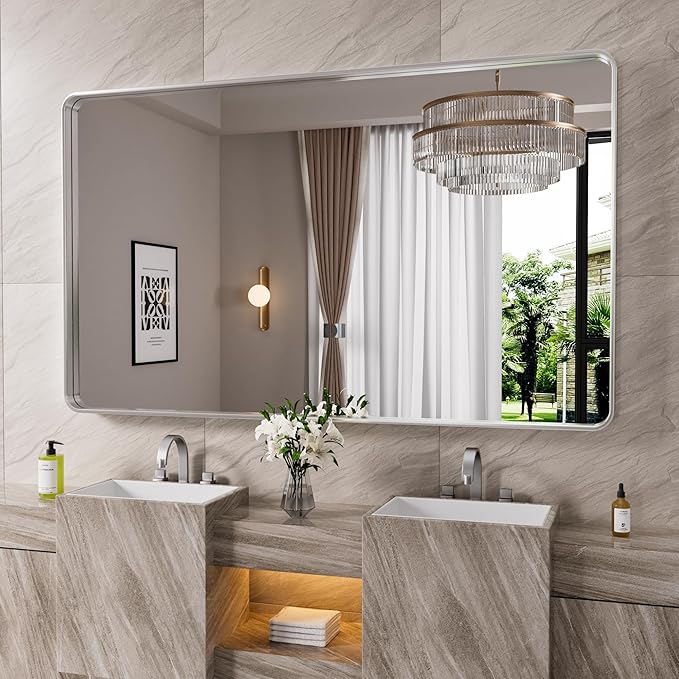 Brushed Nickel Bathroom Mirror 60x40 Inch, Brushed Silver Metal Frame Mirror Wall Mounted, Rounded Rectangle Bathroom Vanity Mirror, Tempered Glass, Anti-Rust, Horizontal/Vertical
