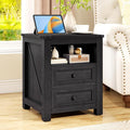 Farmhouse Nightstand with Charging Station, 18” Wide End Table with 2 Drawers Living Room Wood Sofa Side Table with Storage, Small Night Stand for Bedroom, Black