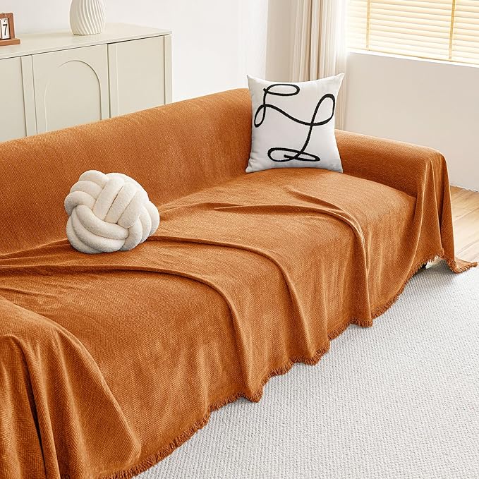 hyha Couch Cover for Dogs, Boho Sofa Covers for 3 Cushion Couch Washable, Chenille Sofa Slipcover for Pets, Soft Loveseat Sectional Couch Throw Blankets with Tassels (Orange, 88.5x134 Inch)