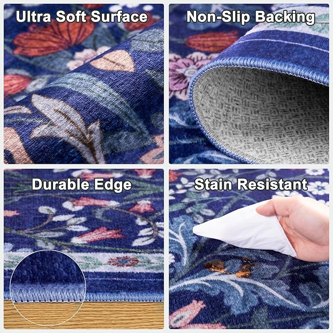 Runner Rug for Entryway: 2x6 Kitchen Rugs Non Slip Washable Ultra-Thin Soft Floral Carpet Indoor Floor Stain Resistant Carpets for Hallway Bedroom Kitchen Laundry Bathroom Dorm Blue