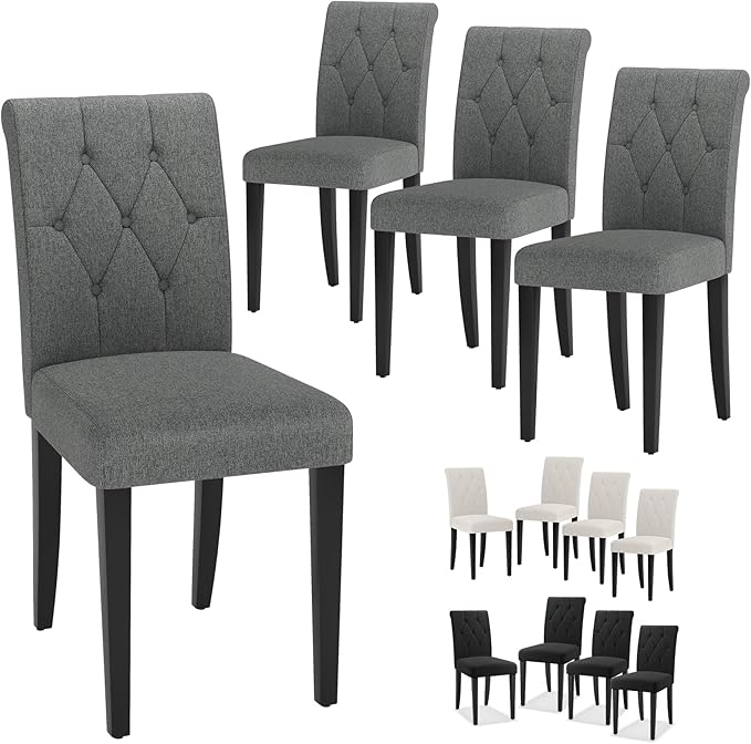 Upholstered Dining Chairs Set of 2, Button Tufted Parsons Dining Chair with Solid Wood Legs, Modern Fabric Side Chair for Dining Room/Kitchen/Restaurant/Hotel- Grey
