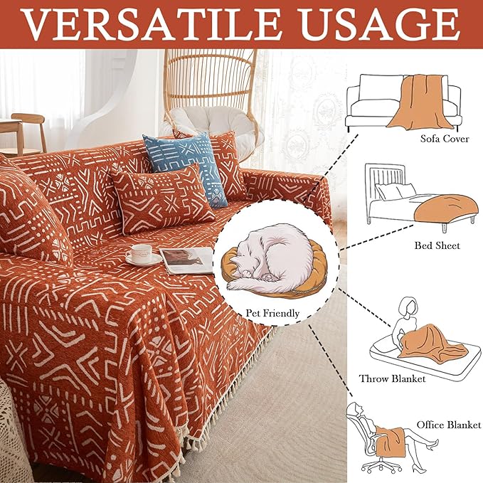 HANDONTIME Boho Aztec Sofa Slipcover for Sofa/Couch Farmhouse Geometric Couch Protector for Dogs with Tassel Brick Orange Couch Covers Sofa Cover for Dogs Cats Kids Bohemian Sofa Décor, 71" X134"
