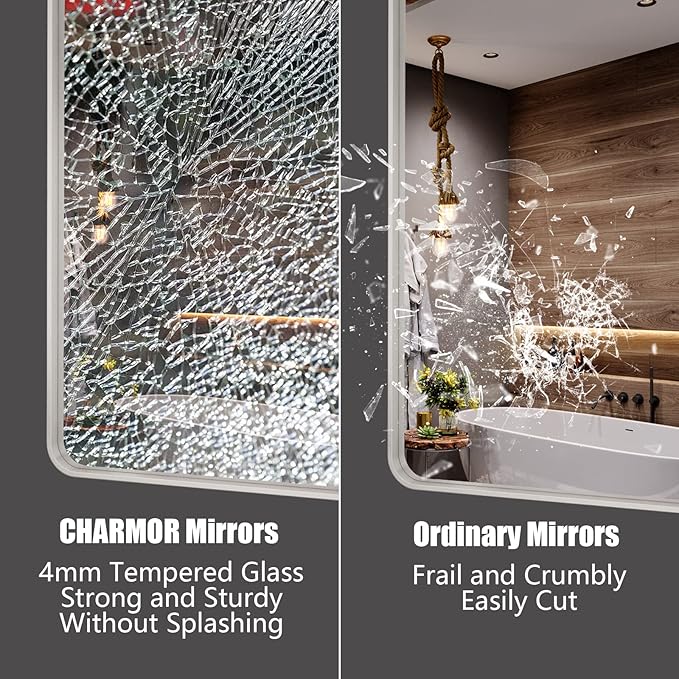 50x40 Silver Brushed Nickel Bathroom Mirror for Wall, Rounded Rectangle Silver Framed Bathroom Vanity Mirror, Anti-Rust, Shatterproof, Hangs Horizontally or Vertically
