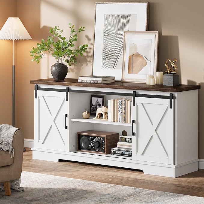 GarveeHome Farmhouse Tv Stand for 65 Inches TVs, Entertainment Center with Sliding Barn Doors and Adjustable Shelf, Modern Media TV Console TV Stand Table for Living Room, Bedroom, White