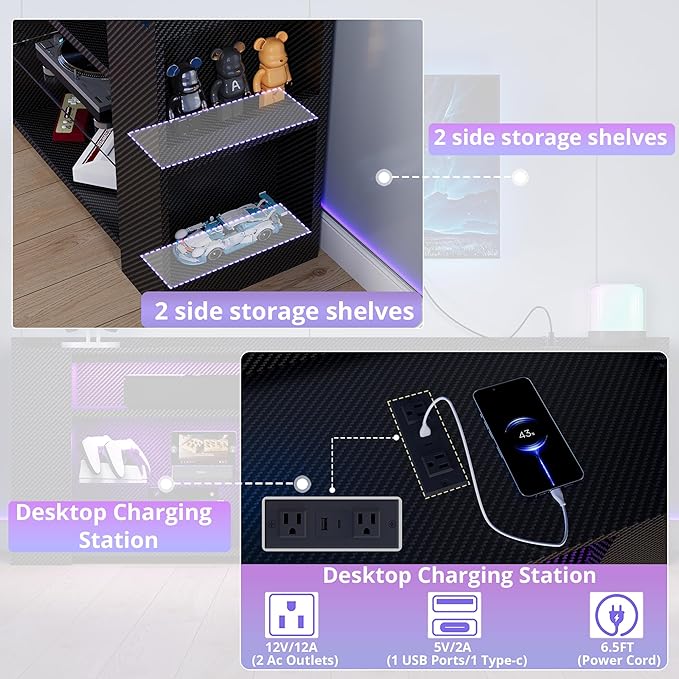 IRONCK Entertainment Center with Storage, 70.9 Inch Tall TV Stand W/Power Outlet, LED Gaming TV Cabinet for PS4, Black TV Stand with Carbon Fiber