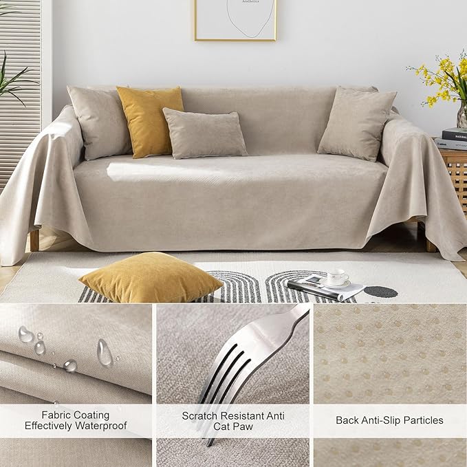 STACYPIK Waterproof Anti-Cat Scratch Couch Covers, Beige Sofa Covers for Dogs, Non-Slip Couch Covers for 2 Cushion Couch, Washable Love Seat for Sectional, Furniture Protector Sofa Slipcover-71X90IIN