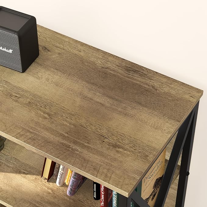 Horizontal Bookshelf,Industrial Modern 5 Cube Low Wide Cubby Bookcase,Long Wood and Metal Storage Organizer Open Shelf, Short Book Shelf Bedroom Storage for Home Office Living Room(Rustic Oak,5 Cube)