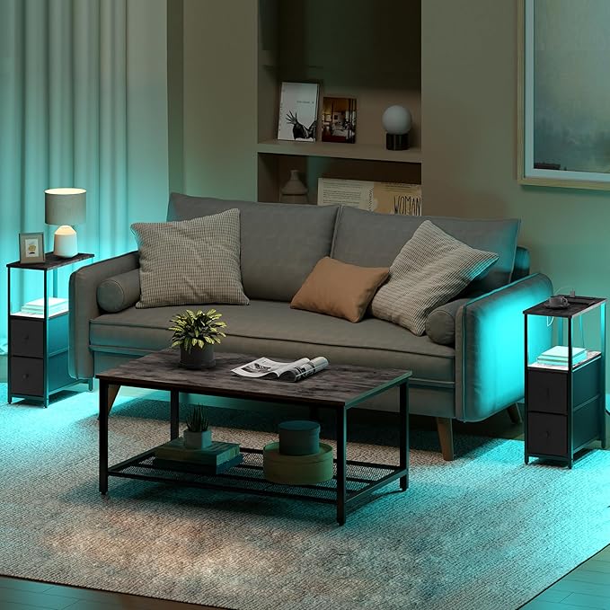TUTOTAK Small Narrow LED End Table with Charging Station, Side Table Outlets, Nightstand with 2 Cloth Drawers, Set of 2, Couch Table, for Living Room, Bedroom, Bedside, Charcoal Grey TB01BY056