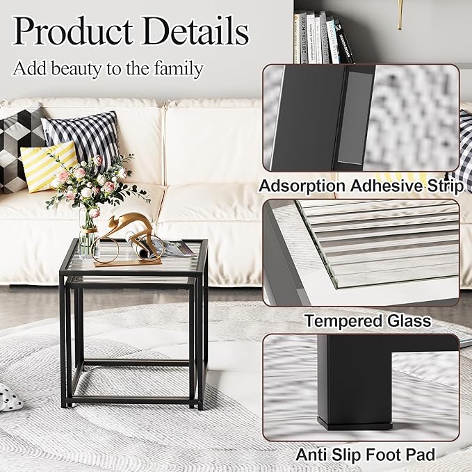 Garden 4 you Coffee Table Set of 2, Modern Patterned Glass Nesting Table, Metal Frame Square Center Table Set, Side Tables, Nesting Coffee Table for Living Room, Bedroom and Small Spaces, 19.7in Black