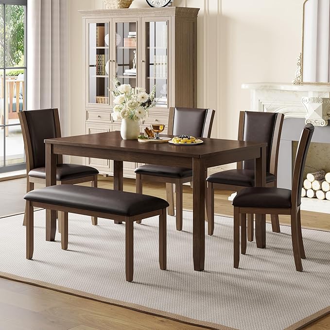soges 6-Piece Large Dining Table Set with Leather Bench and Chairs, Wooden Dining Table Chairs Set for 6, Modern 6 Person Dining Room Set, Dark Walnut