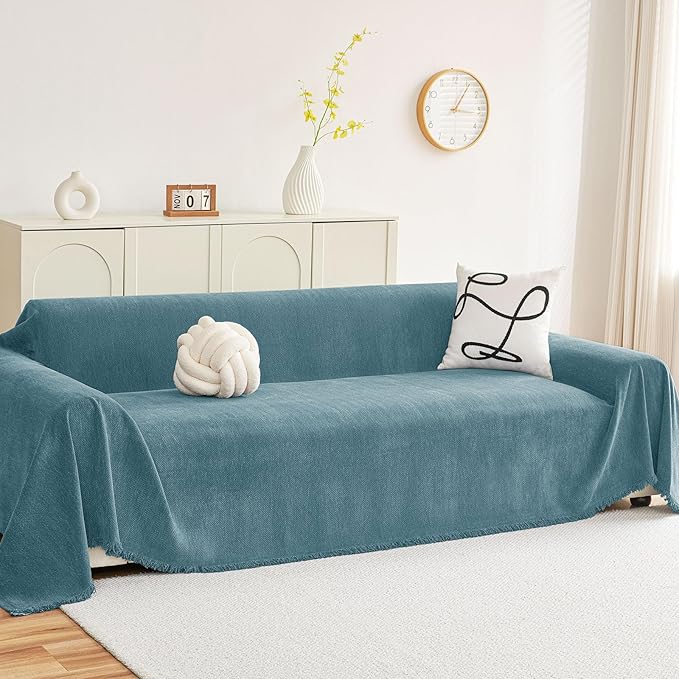 hyha Couch Cover for Dogs, Boho Sofa Covers for 3 Cushion Couch Washable, Chenille Sofa Slipcover for Pets, Soft Loveseat Sectional Couch Throw Blankets with Tassels (Blue, 71x118 Inch)
