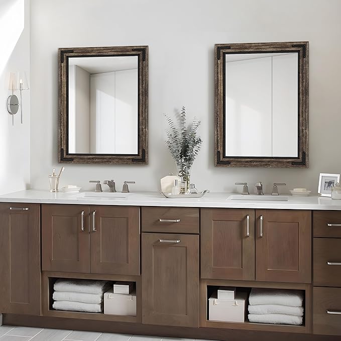 YOSHOOT Farmhouse Bathroom Mirror, Rustic Wood Mirror, Wooden Framed Vanity Mirror, Solid Wood & Handmade, Vertical or Horizontal Hanging for Bathroom Entryway Living Room Bedroom, 40" x 26", Brown