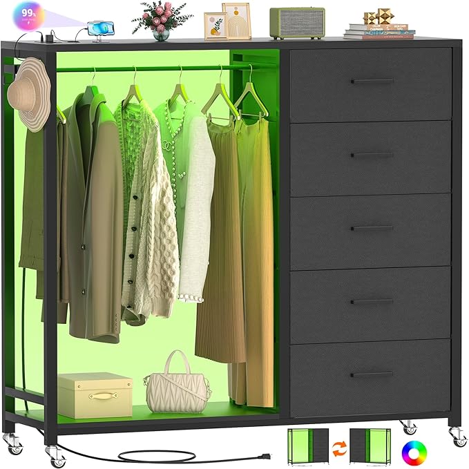Cyclysio Dresser for Bedroom with Clothes Rack, 5 Fabric Drawers Dresser with Charging Station & LED Lights, Black Storage Chest of Drawers with Wheels, Wooden Top, Lockable Wheels, Closet, Black
